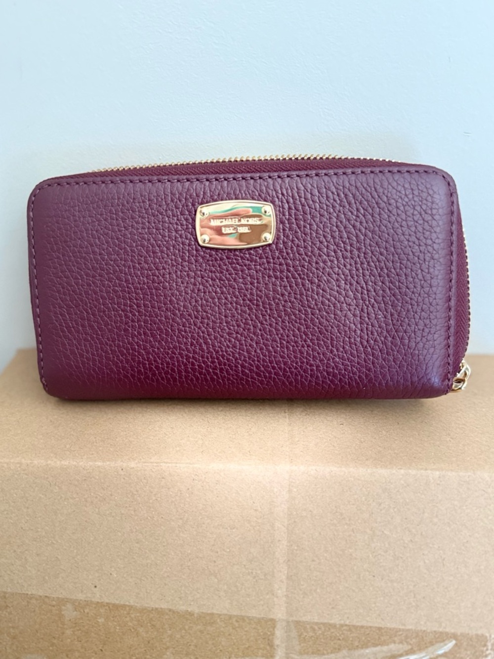 Michael Kors Wine Zip-Around Pebbled Leather Wallet with Gold Hardware